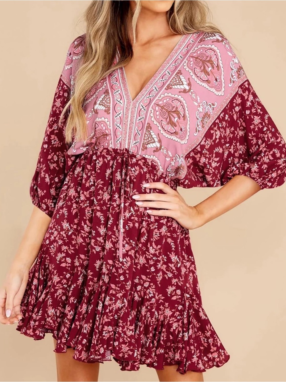 Boho Pink & Red Floral V-Neck Mini Dress